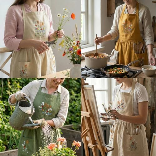 +Linen Embroidered +Apron For +Women With +Pockets, Cute Kitchen