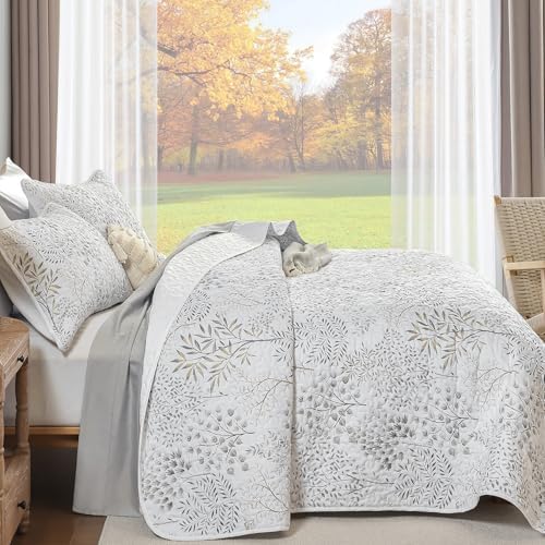 WONGS BEDDING Floral Quilt Set King, 3 Pcs White Grey Bedspread