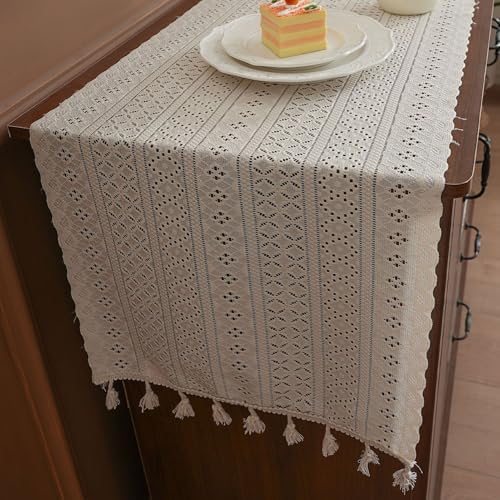 Lace Table Runner Long with Tassels - Elegant Farmhouse Blend Decor