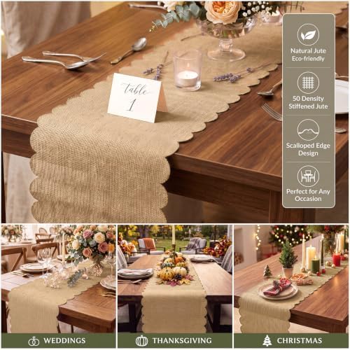 Jecery 10 Pack Scalloped Burlap Table Runners, 12 x 72 Inch