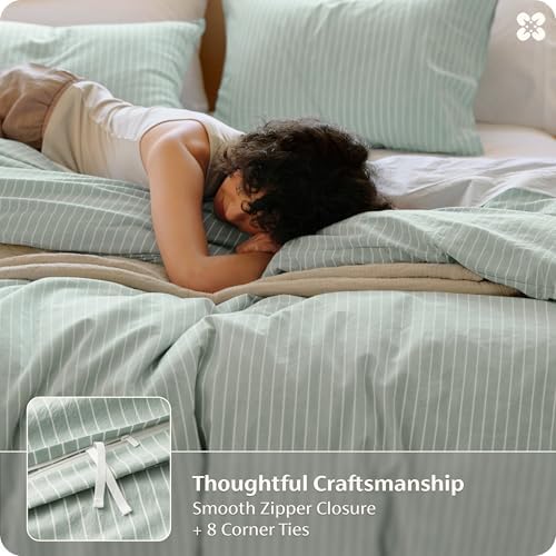 Bedsure PureWoven Striped Duvet Cover Set Linen‐Like, Queen Size, 3-PC