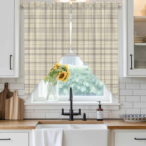 Beige Grid Gingham Swag Valance Curtains Abstract Modern Minimalist