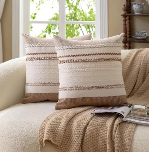 Cethom Boho Throw Pillow Covers 20x20 Inch Set of 2, Brown Textured