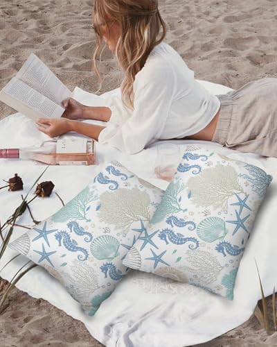Outdoor Pillow Covers with Inserts,Coral Seahorse Coastal Waterproof