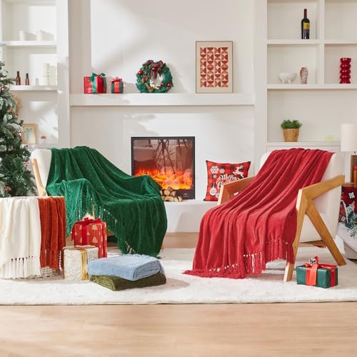 CozeCube Chenille Throw Blanket, Cream White Fringe Blanket, 50"X60"