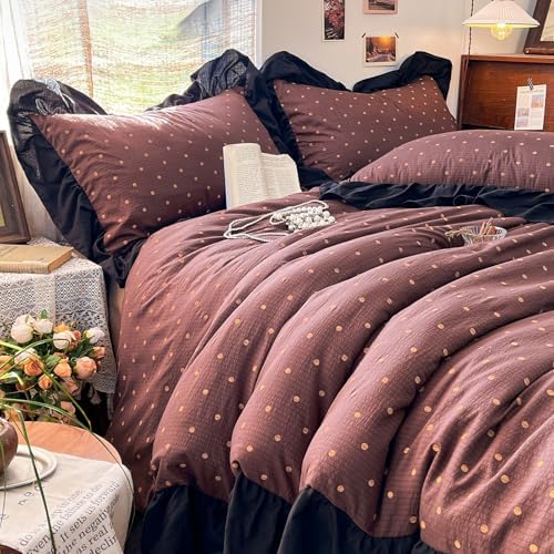 Retro Brown Polka Dot Ruffle Duvet Cover King Soft Double Gauze