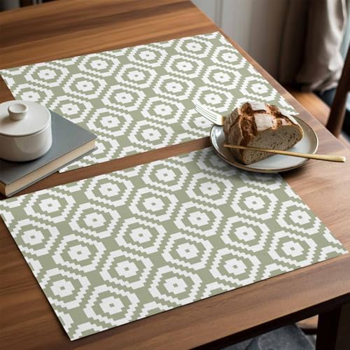 Placemats Set of 8, Sage Green White Geometric Woven Placemat, Linen