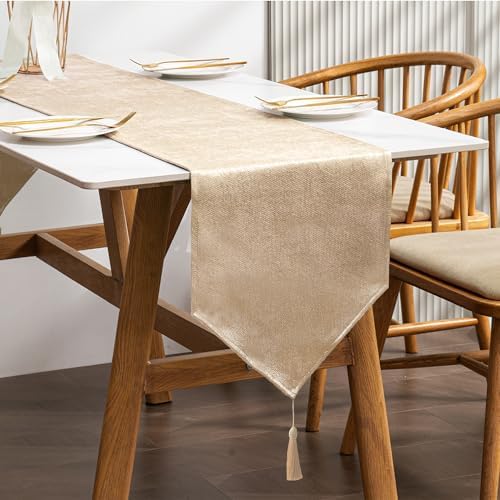 BALCONY & FALCON Table Runner Faux Linen Shimmer Beige 14"x118"
