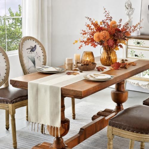 Wracra Linen Table Runner, Stripe Table Runners 72 Inches Long Light
