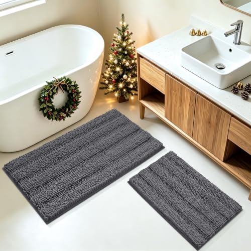 Striped Grey Bathroom Rug Mat Set 2 piece 32"x20"+24"x17" Ultra Soft