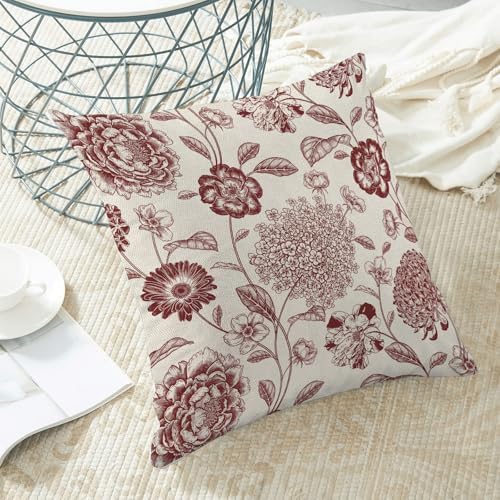 Floral Pillow Covers 18x18 Inch Set of 2 Vintage Burgundy Red Flower