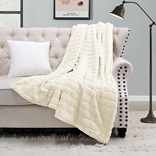 Stripe Faux Fur Throw Blanket with Sherpa Back, 50"x60", Cream Beige