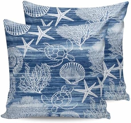 Pillow Covers 20x20 Set of 2, Navy Blue Coastal Square Throw Pillow
