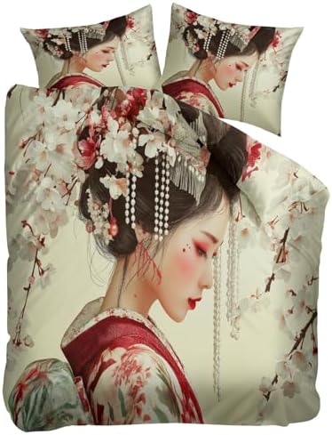King Duvet Cover Set Japanese Geisha Flowers Soft Microfiber
