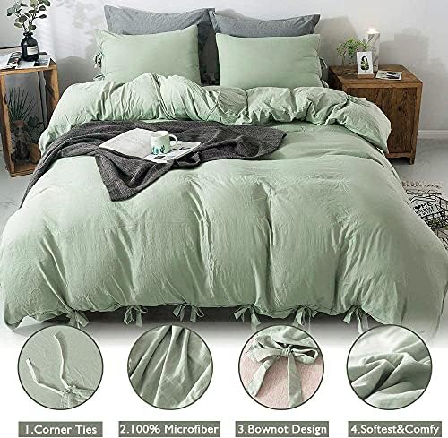 annadaif Sage Green Duvet Cover Queen Size, 3 Pieces Duvet Cover Set