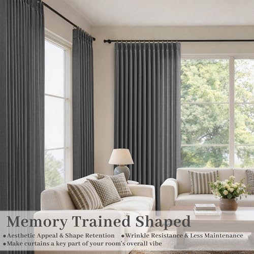 Extra Long 120 Inches Pinch Pleated Charcoal Grey Linen Curtains for