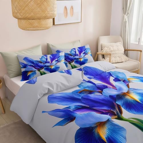 Plant Iris Duvet Cover King Grey 3PCS Bedding Set for Kids and Adults