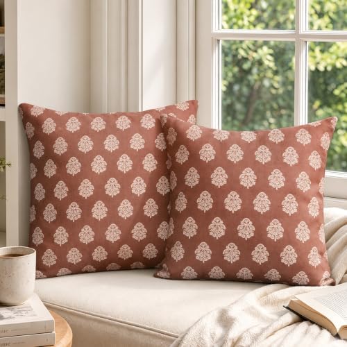 AELS 18x18 Decorative Farmhouse Throw Pillow Covers, Boho Floral Block