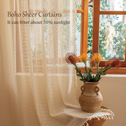 Sutuo Home Beige Boho Vintage Lace Curtains 108 inches Long for Dining