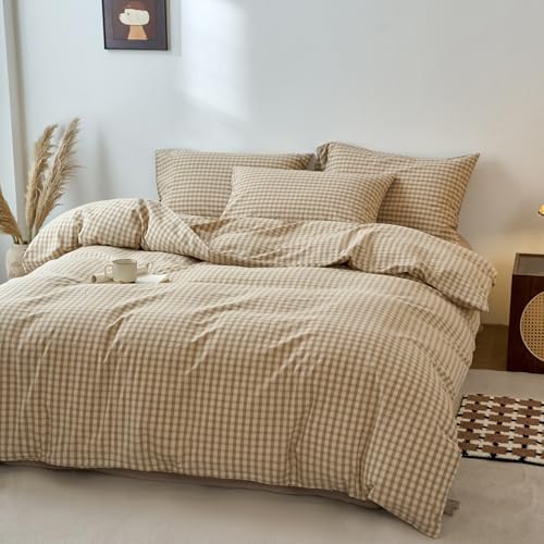 LifeTB Brown Gingham Duvet Cover Set Queen Beige Tan Plaid Checkered