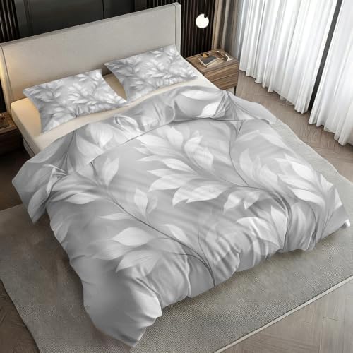 Grey Leaves Bedding King Duvet Cover, Botanical Bedroom Decor