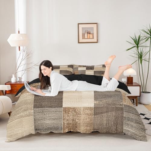 jejeloiu Modern Geometric Duvet Cover King Size Brown Beige Patchwork
