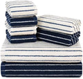 8-Piece Navy Blue and Ivory Towel Set, Cotton Striped Towels for