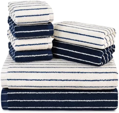 8-Piece Navy Blue and Ivory Towel Set, Cotton Striped Towels for