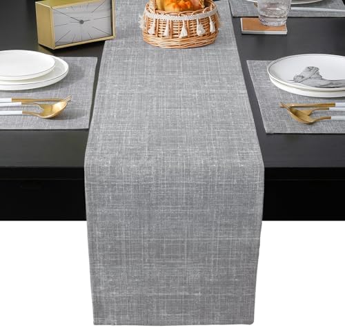 Grey Table Runner with Placemats Set of 6, Cotton Linen Kitchen Dining