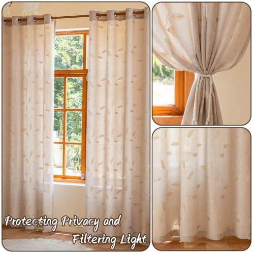 AmHoo 2 Panels Embroidered Leaf Faux Linen Curtains 170GSM Light