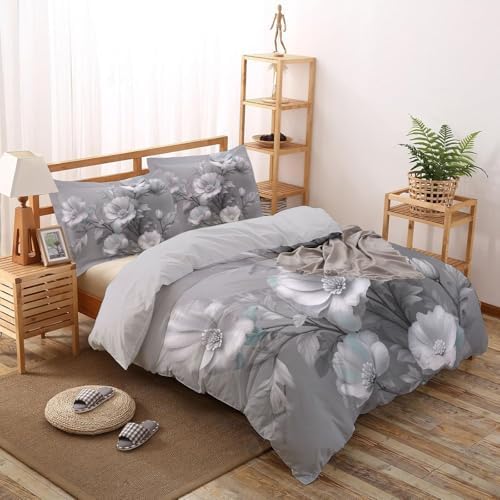 Duvet Cover Set King, Hand-Painted Floral Relief Brushed Microfiber