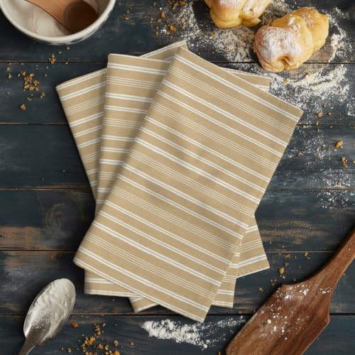 Brown Beige Striped Kitchen Towels Set of 3, Ultra Absorbent Dish