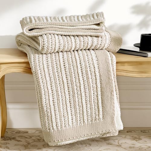 Amélie Home Striped Knit Chenille Throw Blanket, Beige 50×60