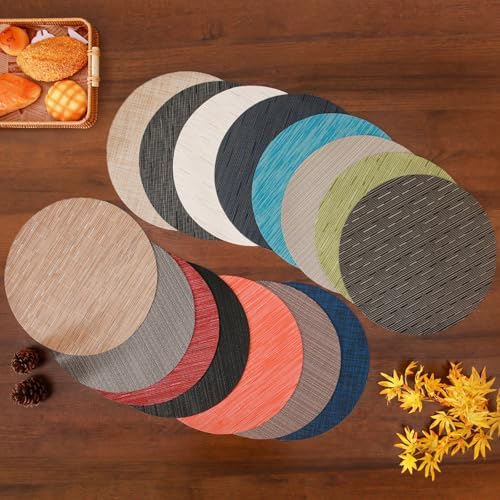 15 Inch Round Placemats Set of 8, Washable Vinyl Woven Place Mats