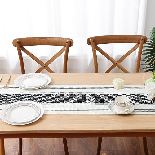 Off-White and Black Rustic Boho Table Runner with Tassels, Farmhouse