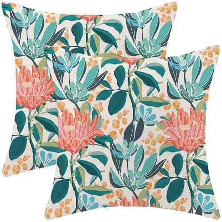 Coral Floral Pillow Covers 20x20 Inch Set of 2, Turquoise Orange