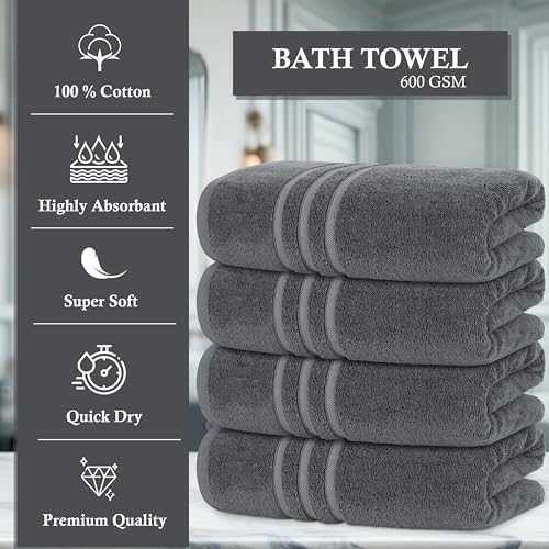 4 Pieces Large Bath Towels Set, 27x54 Inches, Grey