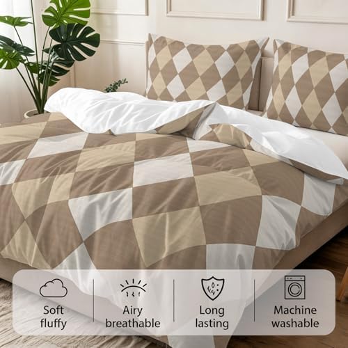 3 Pieces Bedding Set King Size, Coffee Beige Rhombus Soft Duvet Covers