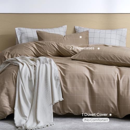 JELLYMONI 100% Cotton Plaid Full Duvet Cover Set, Tan