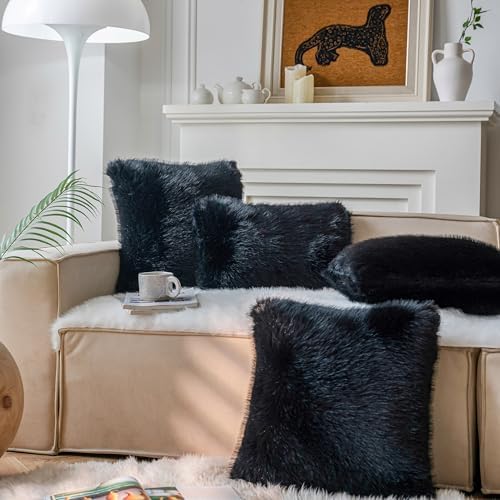 Neelvin Black Faux Fur Cozy Fluffy Double-Sided Decorative Throw