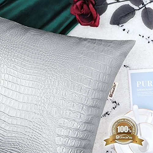 BRAWARM Silver Faux Leather Pillow Covers 18x18, Embossed Crocodile