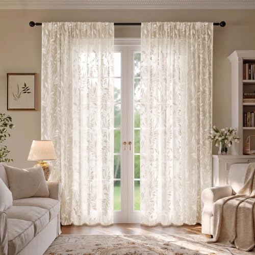 Floral Sheer Curtains Rod Pocket 72 Inches 2 Panels Beige