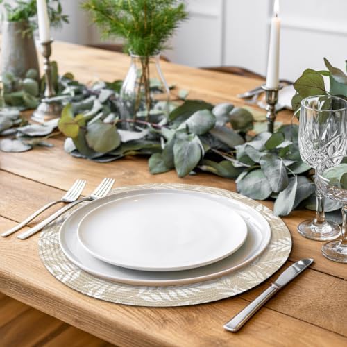 Cream Fronds Round Braided Placemats Set of 8, Beige Leaf Plant Canvas