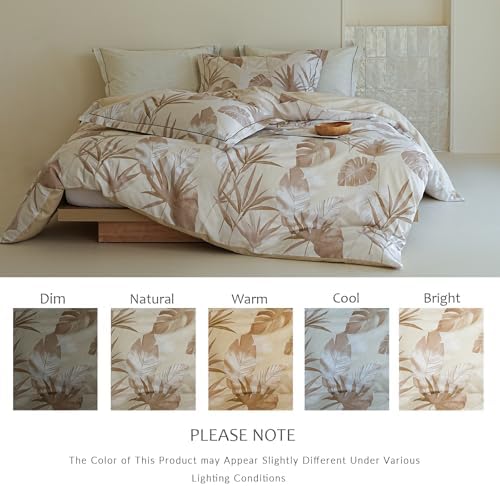 Queen Duvet Cover Set, 100% Cotton Beige Botanical Leaf Printed