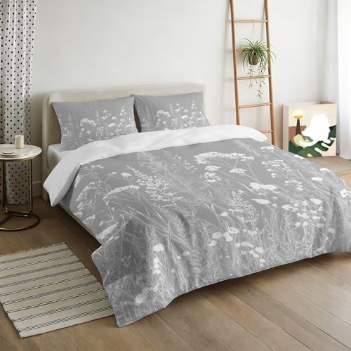 3 Pieces Bedding Set Queen Size, Grey Spring Floral Soft Duvet Covers