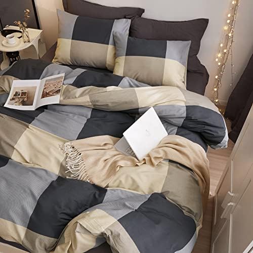 VM VOUGEMARKET Full Comforter Set,3 Pieces Black Gray Plaid Bedding