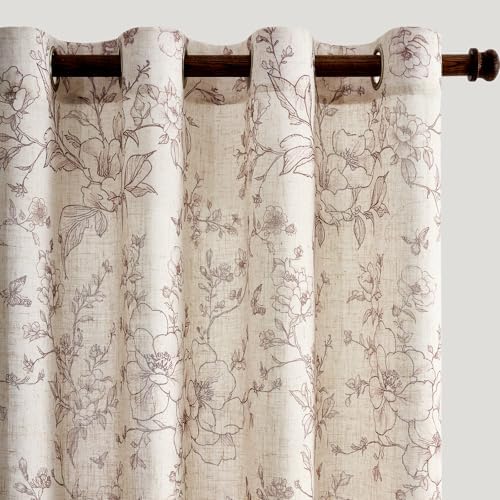 GIGIZAZA Linen Blend Living Room Curtains 96 Inch 2 Panels, Floral