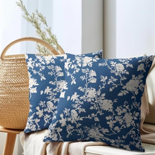 Kawani Vintage Floral Pillow Covers 22x22 Inch Set of 2 Rustic Blue