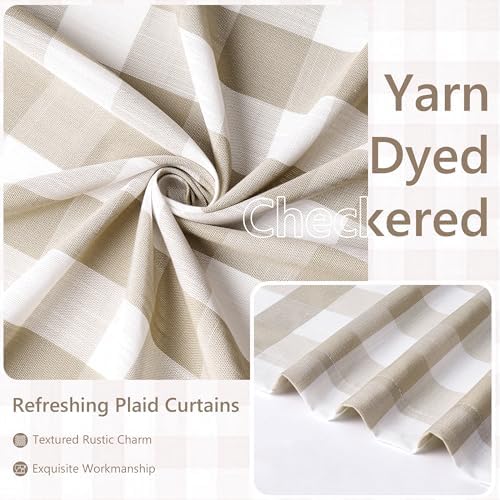Amzdecor Beige Buffalo Plaid Semi Sheer Grommet Curtains 84 Inch