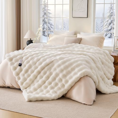 Faux Fur Cozy Heated Blanket King Size,Cream,90"x100"